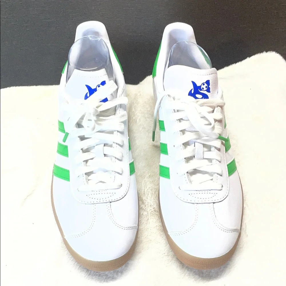 adidas Seattle Gazelle White Sneakers with Green Stripes and Gum Outsole
